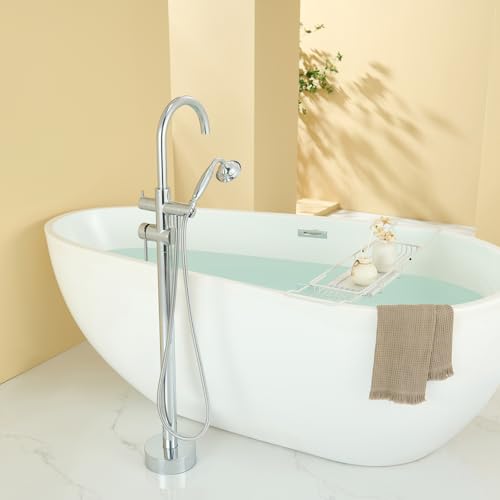 Wowkk Tub Filler Freestanding Bathtub Faucet Chrome Floor Mounted Brass Bathroom Tub Faucets with Hand Shower - color: Chrome