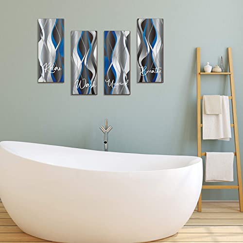 Qunclay Set of 4 Pcs 11 x 4 Inch Blue and Black Striped Bathroom Wall Art Grey and White Relax Soak Unwind Breathe Wall Art Farmhouse Rustic Wood Bathroom Decor Hanging Modern Wooden Printed Sign