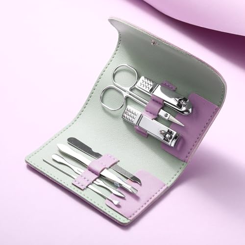 12 Set Manicure Set Bulk Mini Manicure Nail Clipper Kit 7 in 1 Stainless Steel Professional Nail Care Pedicure with Travel Portable Bag Grooming Kits for Women Men Home(Purple) - color: Purple