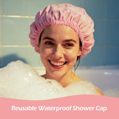 Shower Cap for Women Reusable Waterproof, Large Bath Cap with Elastic Band, Hair Caps for Long Hair and Braids, Pink - color: Pink
