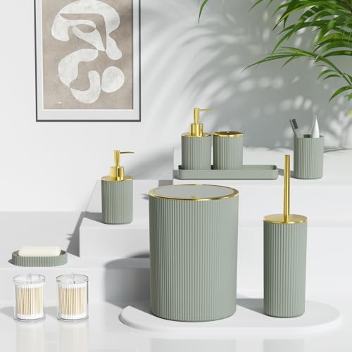 Sage Green Bathroom Accessories Set, 10PC Bathroom Set, Bath Accessory with Pop Up Trash Can, Soap Dispenser, Toilet Brush, Toothbrush Set Qtip Holders & Tray - color: Sage Green & Gold, size: 10-Piece Set (Accessories Only)