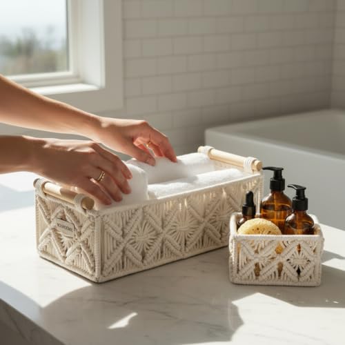 Macrame Storage Basket Boho Decor Baskets for Organizing Woven Decorative for Countertop Toilet Paper Basket for Tank Top for Home Decor Bedroom Nursery Livingroom Entryway (Set of 2) - color: white