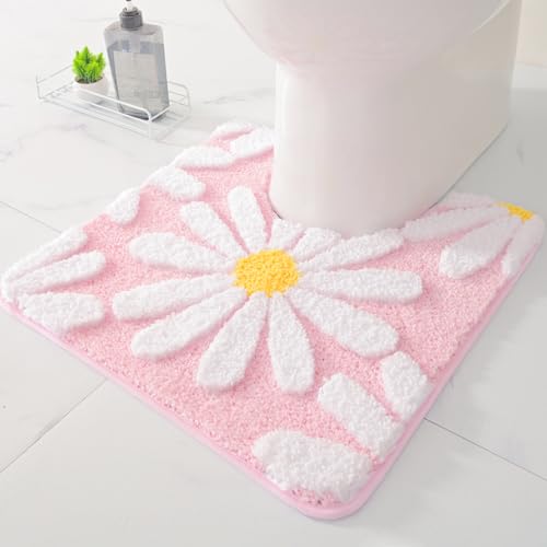 QJHOMO Toilet Rugs U Shaped, Pink Toilet Mat Cute Daisy Contour Bath Rug 20"x20", Extra Thick Soft Machine Washable Toilet Carpet, Non Slip Bathroom Floor Mats Super Absorbent Microfiber Bath Rugs - color: Pink, size: 1'8" x 1'8" (U-Shape)