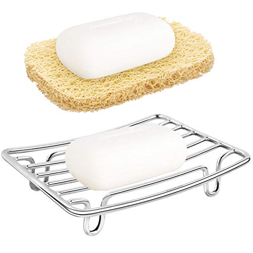 Bar Soap Dish Holder for Shower Bathroom Stainless Steel Rust Proof Self Draining with Beige Soap Saver Pad - color: Silver