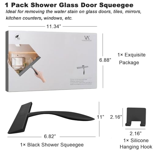 Shower Squeegee for Glass Doors, 11-Inch Silicone Squeegee with Non-Slip Handle and Adhesive Hook for Bathroom, Mirror, Tile, Car Window (Black) - color: Black