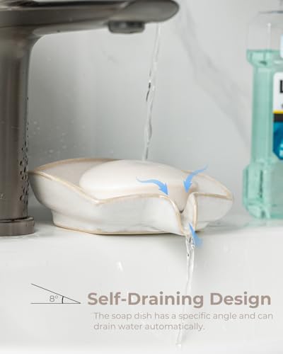 Soap Dishes, Ceramic Shower Soap Dish with Waterfall Design Bar Soap Holder Self Draining Soap Saver for Shower, Bathroom, Sink, Kitchen and Countertop, Beige White - color: Beige White, size: Rectangular