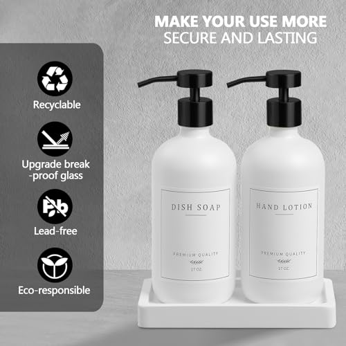 Kitchen Soap Dispenser - Hand and Dish Soap Dispenser Set, Bathroom Glass Soap and Lotion Dispenser with Pump, Tray, 14 Waterproof Labels, Set of 2 White Bottle/Black Pump-pd - color: White Bottle/Black Pump + Tray