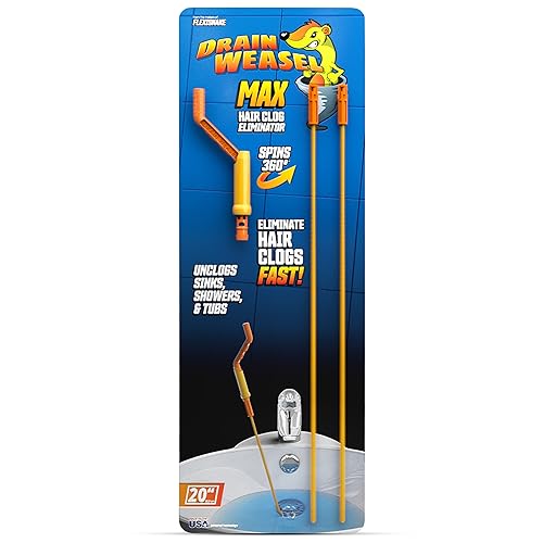 FlexiSnake Drain Weasel MAX Drain Hair Clog Remover Tool with Rotating Handle and 2 Wand Refills, Made in the USA, 20 inch | 20" Long Refills, Pipe, Bathroom, Bathtub Drain Cleaner, Removable Handle, Made in The USA - style: 20"