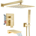 gotonovo Shower System with Tub Spout,Waterfall Tub Shower Faucet Set for Bathroom Head and Handle Set Wall Mounted 3 Function Rough-in Valve and Trim Included 10 inch Shower Head Brushed Gold - color: Brushed Gold, size: 10 inch Shower Head