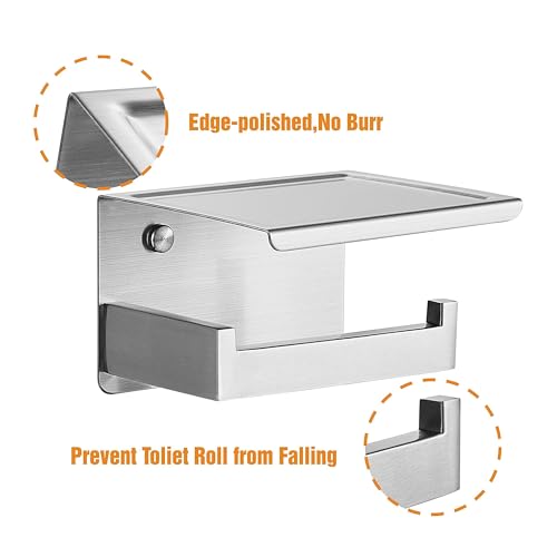 HITSLAM Brushed Nickel Silver Toilet Paper Holder, Stick on Silver Toilet Paper Holder with Shelf, Self Adhesive No Drill or Wall-Mount with Screws for Bathroom - color: Brushed Nickel, size: Medium