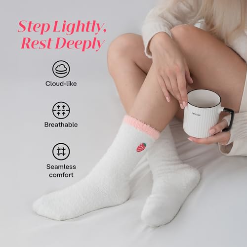 CoolMate Cozy Soft Cloud Socks, Fuzzy Socks for Women - color: D.07 - Embroidered Strawberry