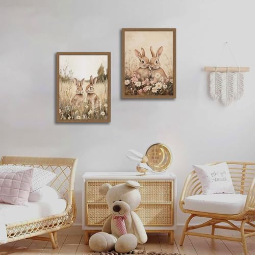 Framed Easter Bunny Wall Art Canvas Print Vintage Bunny Paintings Canvas Wall Art Prints Posters Pictures Gallery Artwork for Living Room Bedroom Nursery Farmhouse Home Decor 16x24in Ready to Hang - color: Two rabbits, size: 16x24 inches