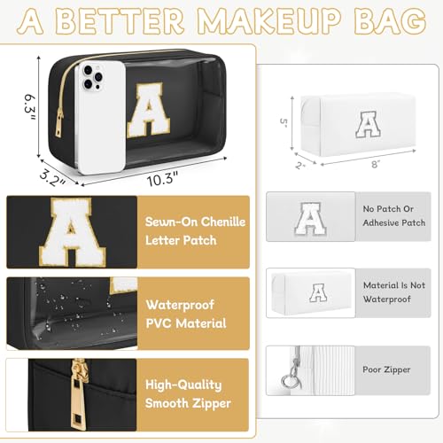 Initial Clear Makeup Bag, Birthday Gift Preppy Chenille Patch Cosmetic Bag, Initial Travel Essentials Beach Toiletry Pouch, Ideal Gift for Teachers & Moms, Women and Girls (Black, A) - color: Black, style: A