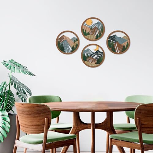 TOARTi 4Pcs Boho Mountain Wooden Wall Art,Abstract Sun Moon Pine Tree Wall Decor,Natural Mountain Landscape Artwork,Minimalist Geometric Forest Hanging Sign for Farmhouse Living Room Bedroom Office - color: 4pcs Mountain Landscape Wooden Wall Art