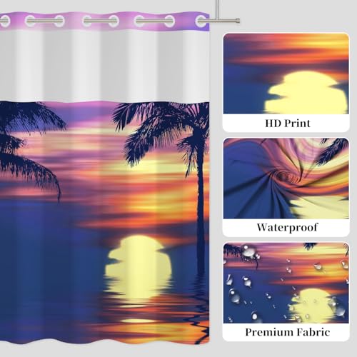 No Hook Tropical Sunset Shower Curtain with Snap in Liner | 71x74 Inches, Beach Scene Shower Curtains for Modern Bathroom, Mesh Top Window Waterproof Washable Fabric - color: Purple Scenery