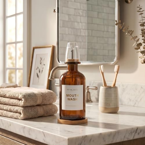 11.8OZ Glass Mouthwash Dispenser for Bathroom with Stainless Steel & Bamboo Nozzle, Mouthwash Cup Reusable, Bamboo Tray, and Elegant Gold Sticker.（Amber - color: Amber/350*1