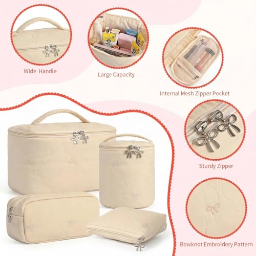 4Pcs Quilted Makeup Bag Set, Cute Bowknot Puffy Makeup Bag Toiletry Bag w/ Bow Zipper Travel Essentials Large Water-Resistant Travel Makeup Bag Versatile Cosmetic Organizer Pouch for Women Girls - color: Khaki