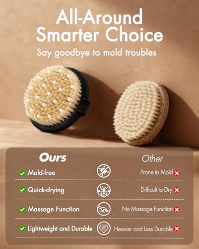 Dry Brushing Body Brush for Massage - Natural Boar Bristle Exfoliating Brush with Massage Nodes for Lymphatic Drainage, Cellulite, Blood Circulation Improving Skin Health for Women Men Elderly(Black) - size: Round 4.3 in-Black