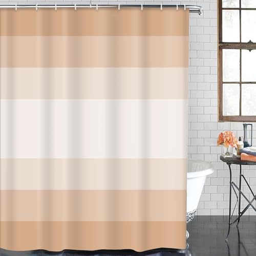 ArtSocket Beige Neutral Ombre Bathroom Set with Shower Curtain and Bath Rugs and Accessories, Striped Boho Non-Slip 3 Pcs, 72" L x 72" W Curtain, 23.6" L x 15.7" W + 19.7"x 31.5" Rugs - color: Beige Striped Ombre