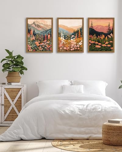 Boho Colorful Landscape wall art Wildflower Mountain Wall Decor Vintage Floral Forest Paintings Rustic Nature Pictures Canvas Prints for Living Room Bedroom Dining Room 12x16 Inch Wood Framed - color: Colourful, size: 12x16Inch Framed