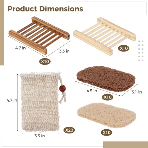 60PCS Soap Saver Set,Bamboo Soap Holder Including 20 Wood Soap Dishes with Waterproof Lacquer, 20 Loofah Soap Pads, 20 Cotton Linen Drawstring Soap Bags, Soap Saver Set for Bathroom, Shower, Travel