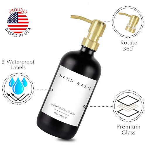 Emerson Essentials Dish Soap Dispenser for Kitchen, Dispenser Bathroom Set, Hand Soap Dispenser, Hand Wash and Dish Soap Set - Glass Dispenser with Pump and Labels - color: 03 – Black / Polished Gold