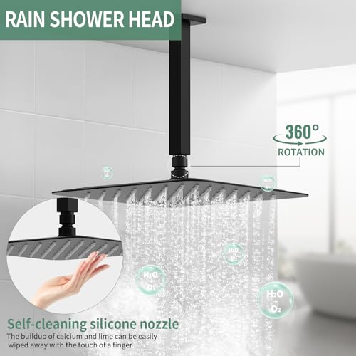 SunCleanse Rainfall Shower System Matte Black Ceiling Mounted Shower System Combo Set with High Pressure 12 Inches Square Rain Shower Head Handheld and Shower Faucet Rough-in Mixer Valve and Trim - color: Matte Black, style: 12-ceiling