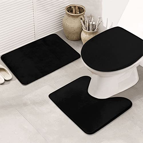 Bathroom Rugs Set 3 Piece Minimalist Solid Black Bath Rug Mat Set, Non Slip Absorbent Bathroom Decor Mat, Toilet Lid Cover & U Shaped Contour Rug - color: Black, size: 1'8" x 2'6" (Rectangular)