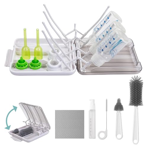Baby Bottle Brush, 7 in 1 Travel Bottle Cleaner Kit with Soap Dispenser, Bottle Drying Rack, Dishcloths, Portable Essentials for Home and Travel-White - color: White