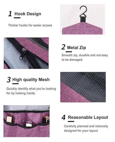 Hanging Toiletry Bag, Purple, Women or Man | Wash Bag, Makeup Cosmetic Organizer, Foldable Compact Size, Super Durable Fabric - color: Purple