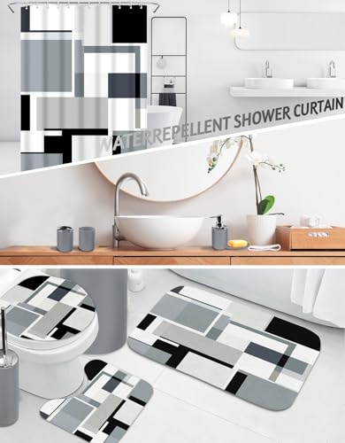 Lnond Grey Black Bathroom Set, 22-Piece Grey Black Geometry Bathroom Decor Set with with Shower Curtain and Rugs, Trash Can, Toilet Brush Holder Set & Soap Dispenser - style: Grey Geometric