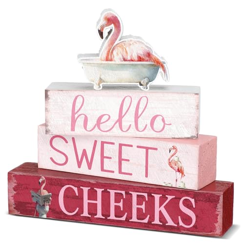 Cinnvoice 4 Pcs Flamingo Bathroom Decor Farmhouse Bathroom Decoration Hello Sweet Cheeks Table Centerpiece Gift for Christmas Valentines Back to School - style: Flamingo Hello Sweet Cheeks