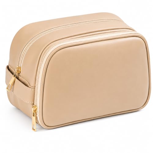 Double Layer Travel Makeup Bag for Women | 9.1L x 4.3W x 6.3H in Faux Leather Cosmetic Organizer for Makeup, Skincare and Toiletries, Brown - color: Double Layer