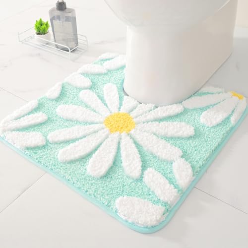QJHOMO Toilet Rugs U Shaped, Green Toilet Mat Cute Daisy Contour Bath Rug 20"x20", Extra Thick Soft Machine Washable Toilet Carpet, Non Slip Bathroom Floor Mats Super Absorbent Microfiber Bath Rugs - color: Green, size: 1'8" x 1'8" (U-Shape)