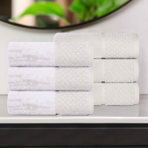 Superior Cotton Bathroom Towel Set, Plush Absorbent, 6 Piece, Stone White | Soft Quick Dry, Jacquard & Solid Pattern Assorted Towels, 6 Hand Towels for Bathroom Vanity and Counters, Lodie Collection - color: Stone-white, size: Hand Towel 6 - Pack (Jacquar