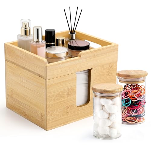 Bamboo Disposable Face Towel Holder with 2 Glass Jars - Open-Top Skincare Organizer for Facial Cleansing Wipes & Beauty Essentials - Bathroom Countertop Vanity Organizer - color: Face Towel Holder With 2 Glass Jars