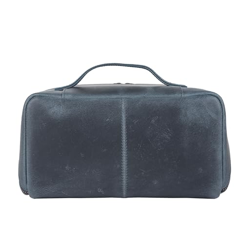 KomalC Luxury Leather Men’s Toiletry Travel Bag – Handmade Shaving Kit with Waterproof Interior, Spacious Storage & Carry Handle – leather travel Kit Bag for Men & Women (Blue) - color: Blue