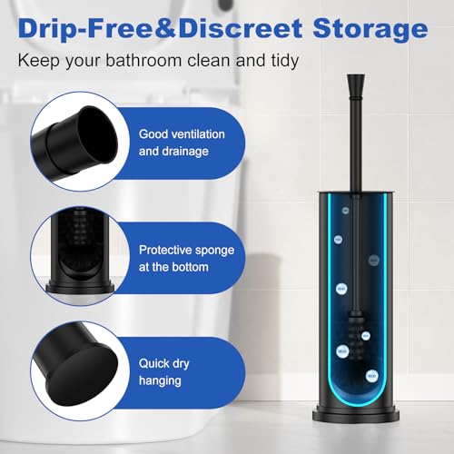 Toilet Brush and Holder Set：304 Stainless Steel Heavy Duty Toilet Bowl Brush，Removable Inner Bowl and Splash Protection，Bathroom Toilet Brush-Dense Bristles for Through Cleaning - color: Black