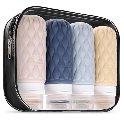 Silicone Travel Bottles for Toiletries 8 Pack Travel Size Toiletries 3.4 oz 1.7 oz, Leakproof Squeeze Travel Size Containers Refillable Cosmetic Jars Set for Shampoo, Conditioner, Creams - color: Muted Cloudy-3.4oz