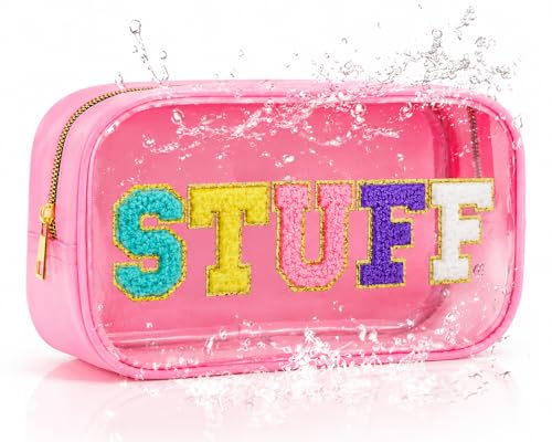 STUFF Cosmetic Makeup Bag with Sewn on Chenille Letters for Women - PVC Clear Waterproof Sunscreen Organizer for Beach, Swim & Travel, Toiletry SPF Pouch - style: Pink Stuff