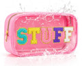 STUFF Cosmetic Makeup Bag with Sewn on Chenille Letters for Women - PVC Clear Waterproof Sunscreen Organizer for Beach, Swim & Travel, Toiletry SPF Pouch - style: Pink Stuff