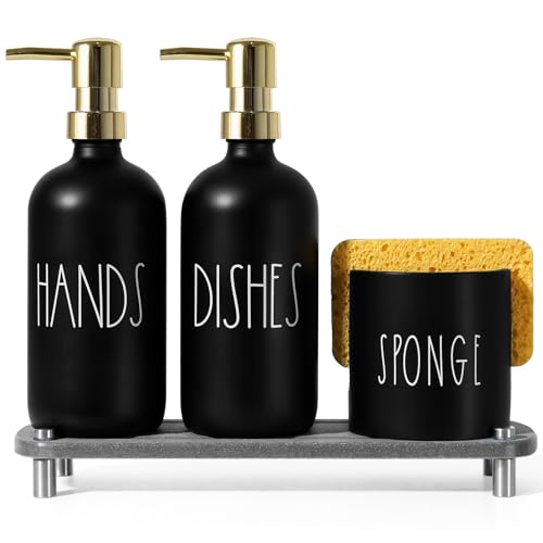 Kitchen Soap Dispenser Set, 16.9 fl oz Hand and Dish Soap Dispensers with Tray, Black and Gold Kitchen Soap Dispenser Set with Sponge Holder, Instant Dry Tray, Gold&Black - color: Black Bottle+gold Pump