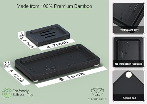 YELLOW LOTUS Black Bathroom Accessories Set 2 pcs - 9’’ Small Black Bamboo Tray for Bathroom, Wooden Bar Soap Holder for Shower, Kitchen Soap Dispenser Set for Sink, Kitchen Dish Tray Decor