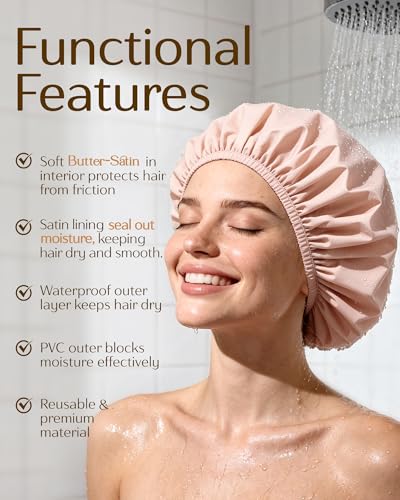 Yanibest Shower Cap for Women - Frizz Free Satin Lined Shower Cap Waterproof Large Double Layer Reusable with Soft Elastic Band for Braids Long Hair - color: Army Green
