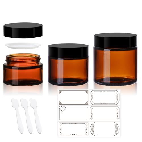 3 Pack Amber Glass Jars with lids, 4 oz, 2oz and 1 oz, Reusable Sample Jars | Small Cosmetic Containers with Inner Liners, Leak-Proof Travel Jars for Lotions, Scrubs, and Candle Making, Labels & Spatulas - color: Amber-1-3oz-3pcs