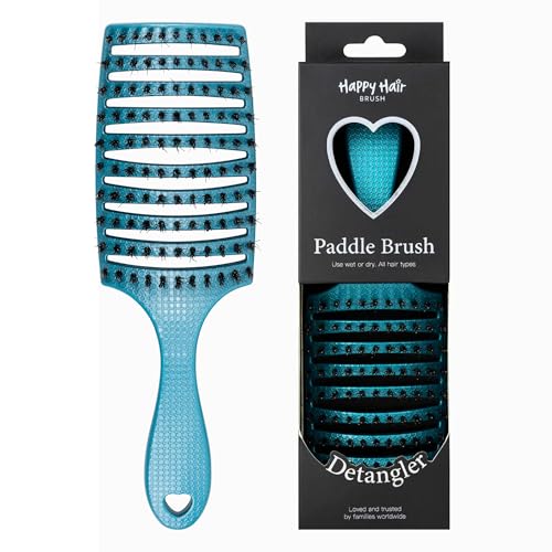 HAPPY HAIR BRUSH Happy Detangler Paddle Brush with Boar Bristles & Nylon Pins | Designed by Women to Detangle & Smooth Thick, Fine or Curly Hair | Pain-Free Slick Back Brush, Ultra Lightweight (Teal) - color: Teal