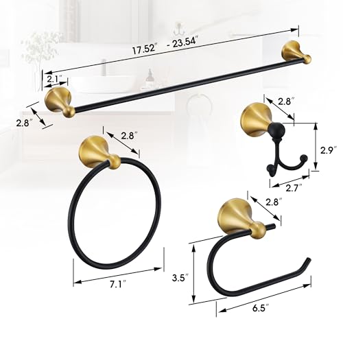 Brushed Gold and Black Bathroom Hardware Set, 4-Piece Black and Gold Bathroom Accessories Kit Stainless Steel 23.6 Inch Towel Bar | Towel Hook | Toilet Paper Holder | Hand Towel Holder - color: Black and Gold