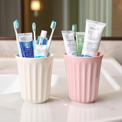 14oz Ceramic Toothbrush Cup Holder, Mouthwash Cups, Modern Bathroom Organizer for Countertop, Sink or Vanity, Colors, Set of 2. (White and Pink)