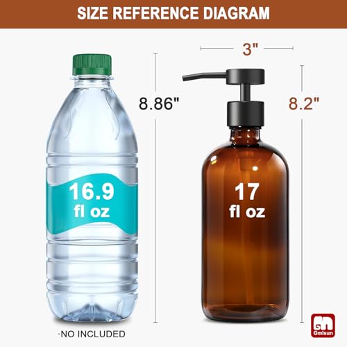 GMISUN Amber Glass Soap Dispenser, 1 Pack Dish Soap Dispensers for Kitchen with Rustproof Stainless Steel Pump, 17 Fl Oz Bathroom Hand Soap Dispenser, Brown Liquid Dishwashing Dispensers Bottle - color: Amber Bottle + Black Flat Pump, size: 1 Pack