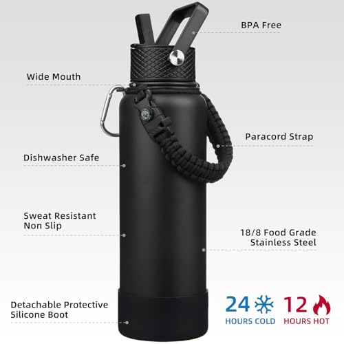 BJPKPK Insulated Water Bottle with Straw Lid, 40oz Large Thermal Flasks with 3 Lids, Paracord Handle & Non-slip Boot, BPA Free Leak Proof Stainless Steel Metal Water Bottles, Tumblers, Cups,Black - color: Black, size: 40 Ounces
